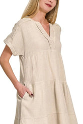 Zenana Washed Double Gauze Raw Edge V-neck Dress OutfitFlow